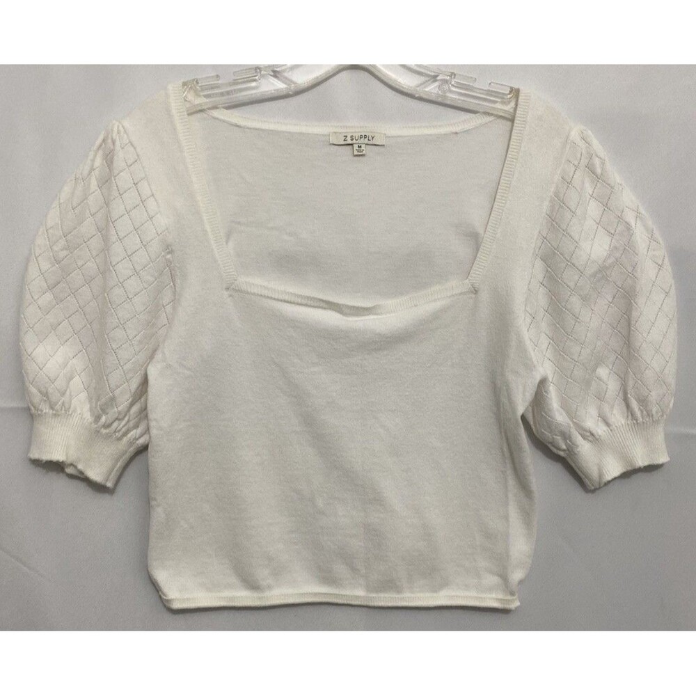 Z Supply Womens M Ivory Cropped Square Neck Puff Sleeve Textured Knit Top